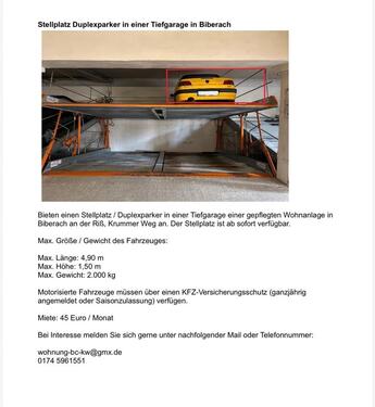 Foto - Stellplatz Garage im Duplexparker in Biberach