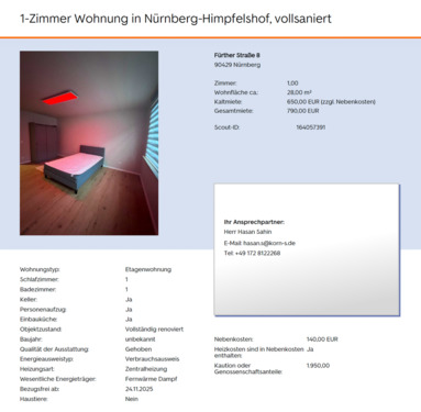 Foto - Möbeliertes 1-Zimmer Apartment - 650,00 EUR Kaltmiete,