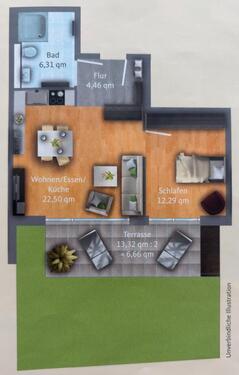 Foto - 2-Zi Wohnung, 52m², EG mit Terrasse und Garten, kl. Wohneinheit