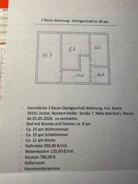 Foto - 2 Zimmer Dachgeschoßwohnung zur Miete in Zerbst (Anhalt)