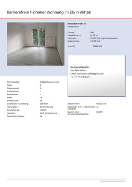 Foto - 1 Zimmer Erdgeschoßwohnung zur Miete in Witten