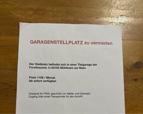 Foto - Tiefgaragen Stellplatz PKW Forsthausstrasse