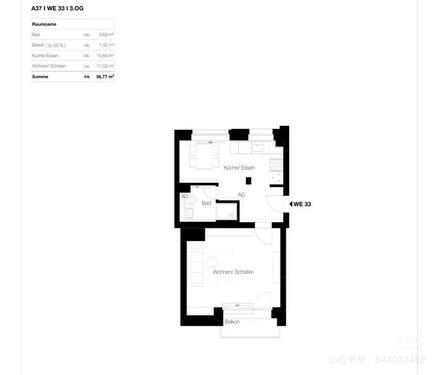 Foto - 1-Zimmer-Wohnung 37 mit Einbauküche,Keller,Balkon,sehr Zentral