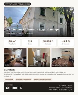 Foto - Kapitalanlage Mülheim · 2,5-Zi. · 60.000 € · ~ 6,4 % Rendite