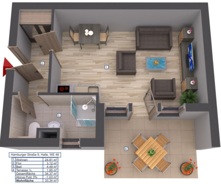 Foto - kleine Wohnung mit Terrasse, Einraumwohnung Halle