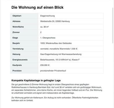 Foto - 2 Zimmer Etagenwohnung zum Kaufen in Hamburg