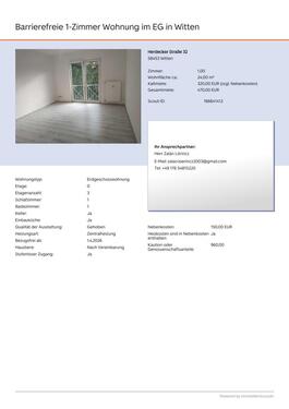 Foto - 1 Zimmer Erdgeschoßwohnung zur Miete in Witten