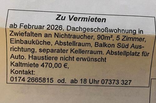 Foto - Zwiefalten Dachgeschosswohnung ab Februar