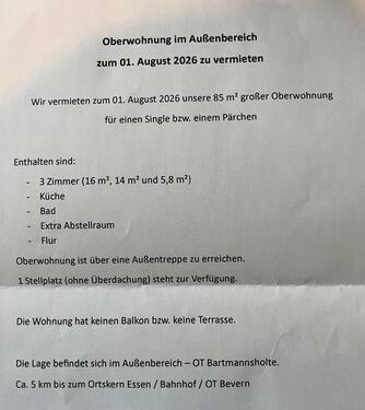 Foto - Oberwohnung, Warmmiete Außenbereich (Bartmannsholte) zu vermieten