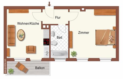 Foto - Zentral gelegene 1-Zimmerwohnung mit Wohnküche und Süd-Balkon