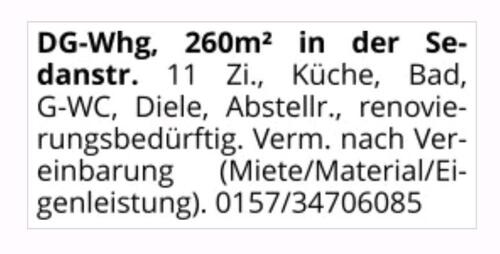 Foto - DG - Whg 260m² - KM 1.300,-€ - 1.300,00&nbsp;EUR Kaltmiete, ca.&nbsp; 260,00&nbsp;m&sup2;