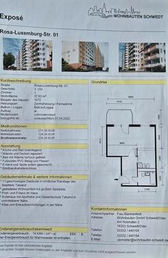 Foto - Helle 1-Zimm er-Wohnung in Schwedt. Nachmieter