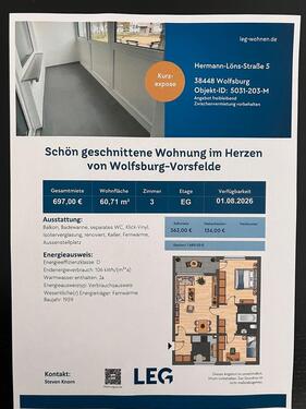 Foto - 3 Zimmer Wohnung Wolfsburg - 697,00&nbsp;EUR Kaltmiete, ca.&nbsp; 61,00&nbsp;m&sup2;