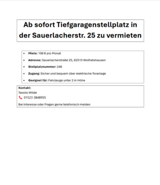Foto - Tiefgaragenstellplatz für 100 EuroMonat in Wolfratshausen