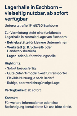 Foto - Lagerhalle in Eschborn – vielseitig nutzbar, ab sofort verfügbar