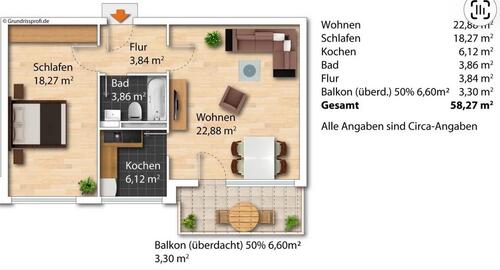 Foto - 2-Zimmer-Wohnung (60 m²) mit Balkon & Garage Neu saniert