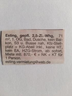 Foto - 2,5 Wohnung für 1 Person im 1. OG ohne Balkon