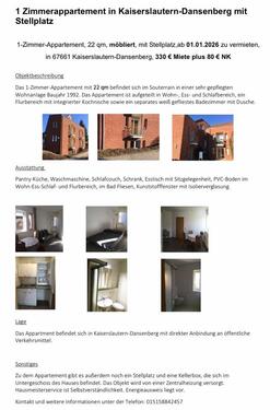 Foto - Einzimmer-Appartement, 22 qm, möbliert, ab 01.01.2026 zu vermiet.