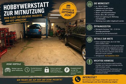 Foto - Hobbywerkstatt KFZ-Schrauberhalle zur Mitnutzung – ab sofort