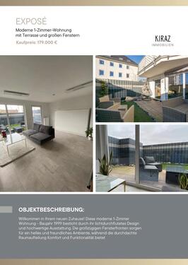 Foto - Moderne 1-Zimmer-Wohnung mit Terrasse und großen Fenstern