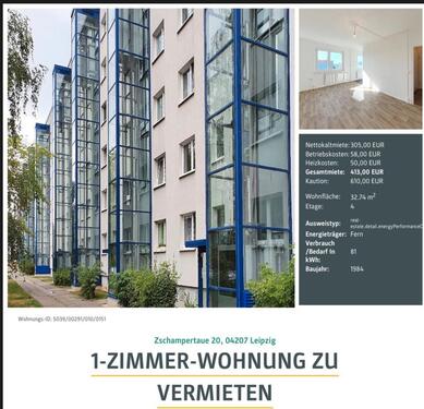Foto - 1. Raumwohnung Mietwohnung Zschampertaue 04207 ab 1.11.2025