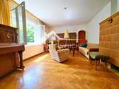 Wohnzimmer mit großen Fenstern und Kamin - 