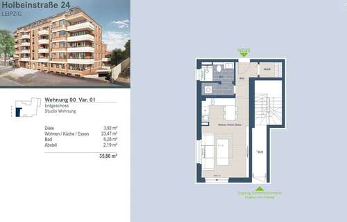 Grundriss WE00 Var. 01 - Exklusiver Neubau in Schleußig: modernes Studio1-Raum-Wohnung mit HWR und Abstellraum