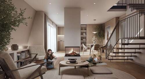 Wohnbereich Visualisierung - 129 m² große DG-Maisonettewohnung mit einmaligem Dachgarten in der Südvorstadt. Neubau KfW 40