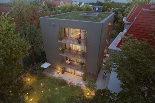 Gartenansicht - Einzigartige 172m²-DG-Wohnung mit Patio (eigenem Innenhof auf dem Dach) + Balkon, Sauna mögl., 5 Zi.