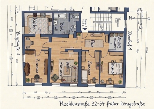 mit Hilfe von Gemini erstellt - Grundriss Änderung 4 Zimmer Wohnung Altstadt Schelfstadt