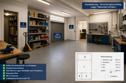 Visualisierung - Einrichtungsvorschlag Lager - Werkstatt mit Büro - 