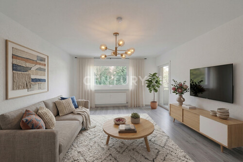 Wohnung links Wohnzimmer Visualisierung - Weitläufiges Zuhause mit eigenem Gartengrundstück