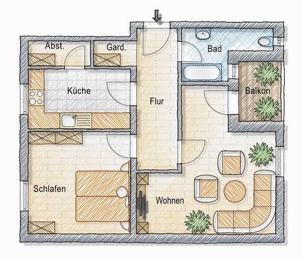 Grundriss - schöne Wohnung m. Loggia und Blick ins Grüne