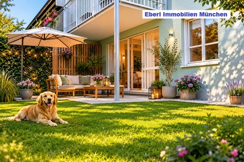 Außenansicht (m KI bearbeitet) - Wohnen mit Mehrwert: 2 Zimmer +Garten +Terrasse +großer Hobbyraum +abschließbares Kellerabteil +TG + Provisionsfrei für den Käufer
