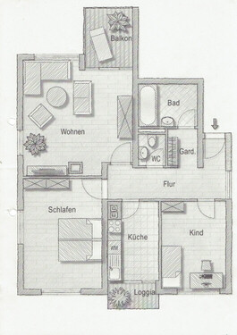 1 - Grundriss - WG geeignete 3 Zimmer Wohnung - 1.250,00 EUR Kaltmiete, ca.  83,00 m² Wohnfläche