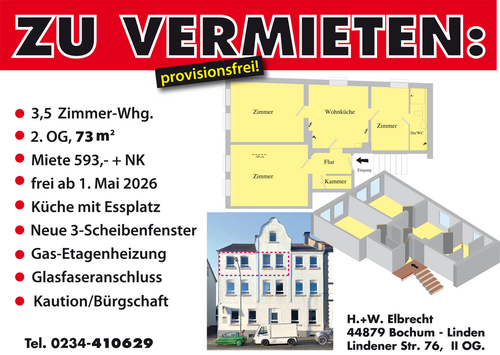 Wohnung frei II.OG r. 2026 - sonnige 3-Zimmer-Whg. frei - 593,00&nbsp;EUR Kaltmiete, ca.&nbsp; 73,00&nbsp;m&sup2;&nbsp;Wohnfl&auml;che