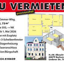 sonnige 3-Zimmer-Whg. frei - 593,00&nbsp;EUR Kaltmiete, ca.&nbsp; 73,00&nbsp;m&sup2;&nbsp;Wohnfl&auml;che in Bochum (PLZ: 44879)