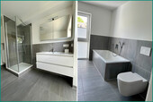 Modernes Badezimmer mit Fenster, Dusche, Badewanne und hochwertiger Verfliesung - 
