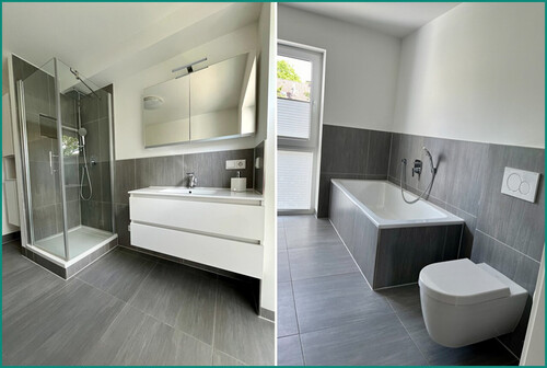 Modernes Badezimmer mit Fenster, Dusche, Badewanne und hochwertiger Verfliesung - 