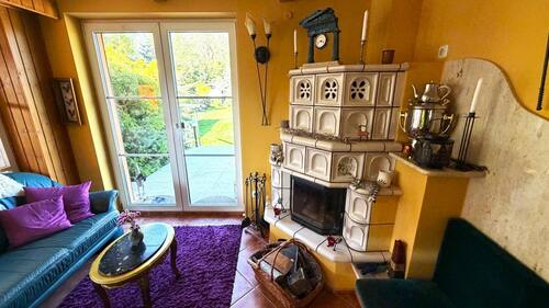 Diele mit Kamin und Ausgang zur Terrasse - 