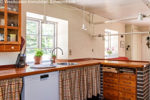Küche mit Tresen und großflächigen Fenstern zum Garten - 