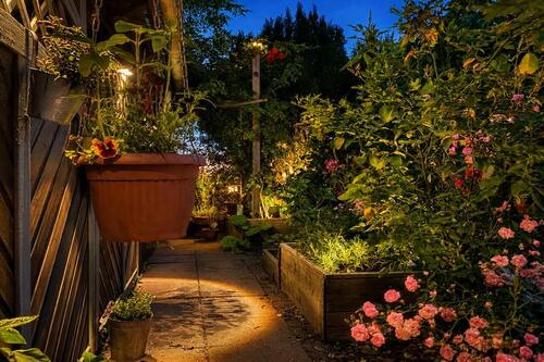 romantischer Gartenpfad am Abend - 